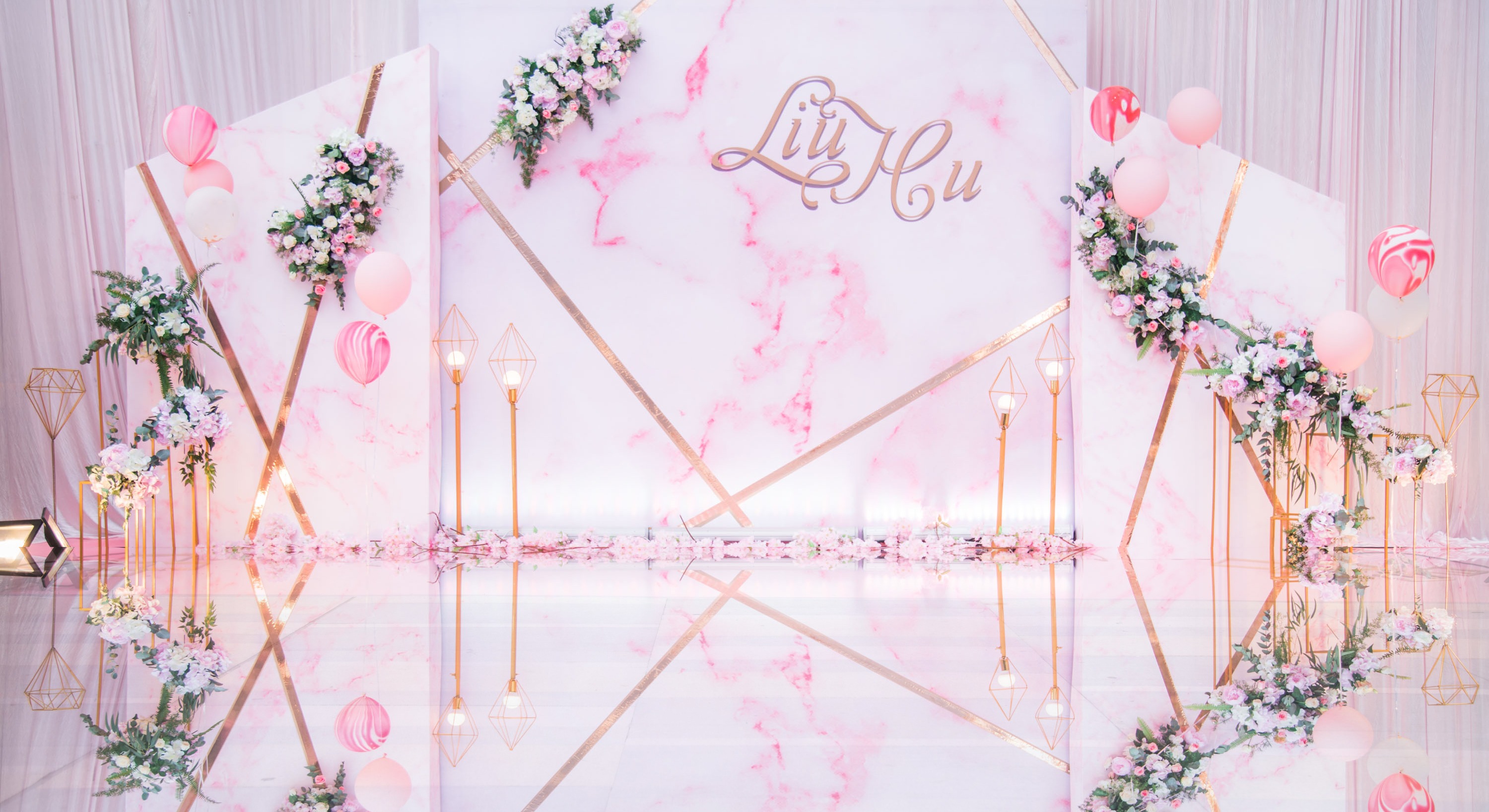 【诺一】粉色大理石婚礼+四大金刚+镜面效果